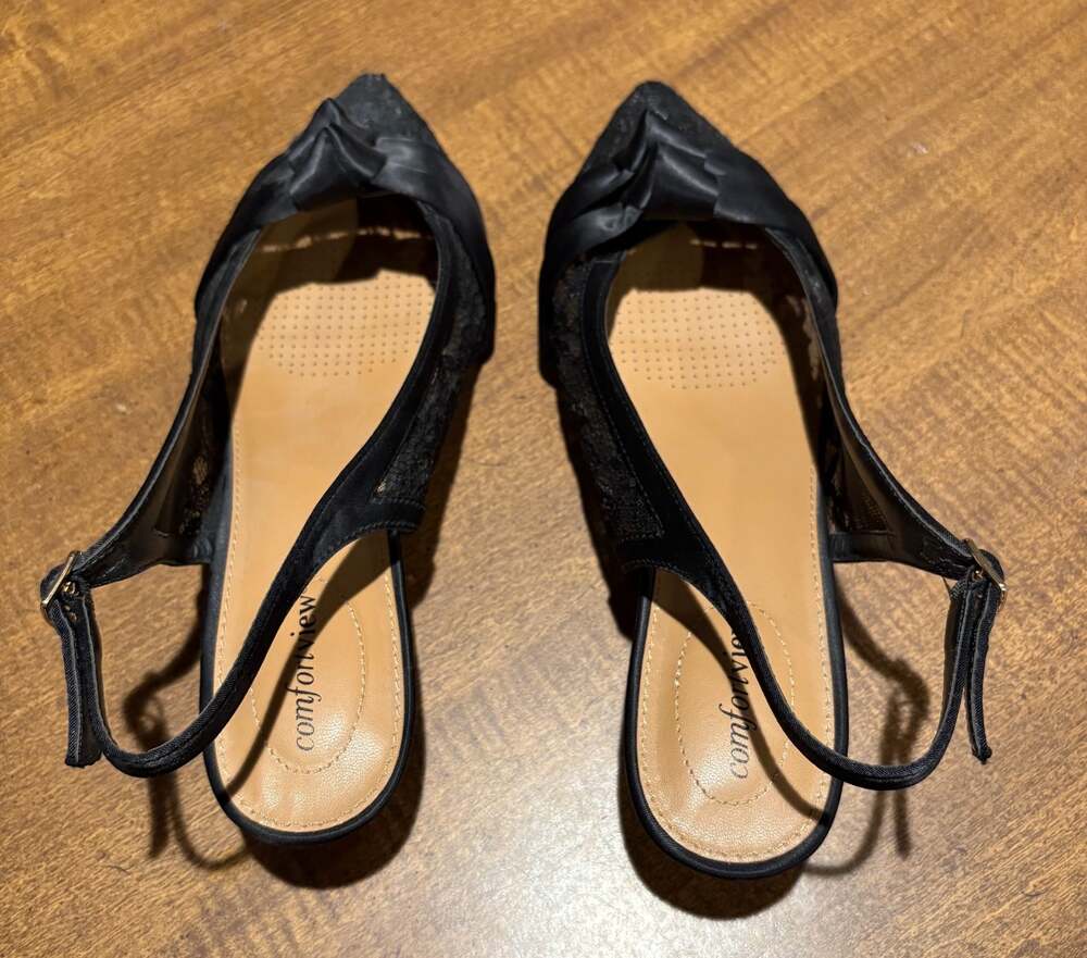 Comfortview Poppy Black Lace Satin Bow Slingback Kitten Heels Size 10W - Picture 2 of 11